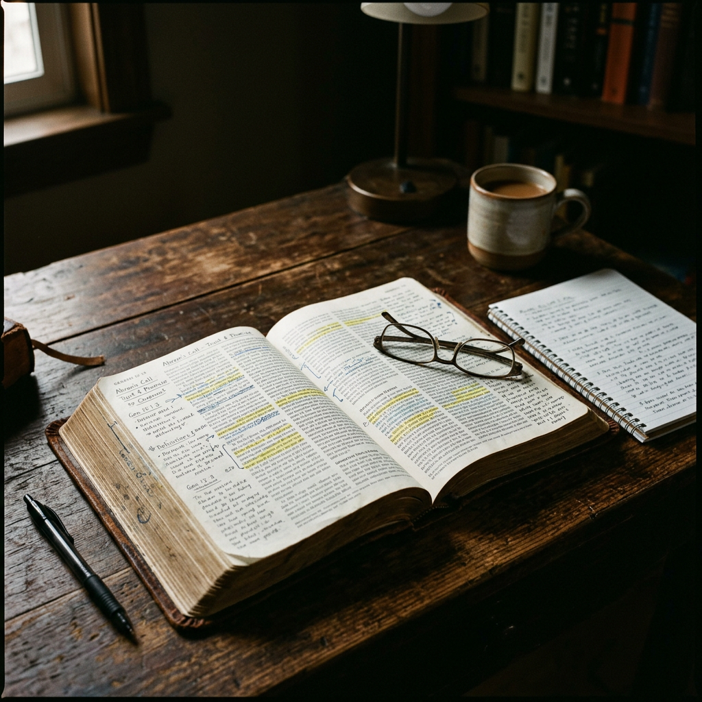 Open annotated book with highlighted text, glasses, notebook with handwritten notes, pen, and coffee mug on wooden desk