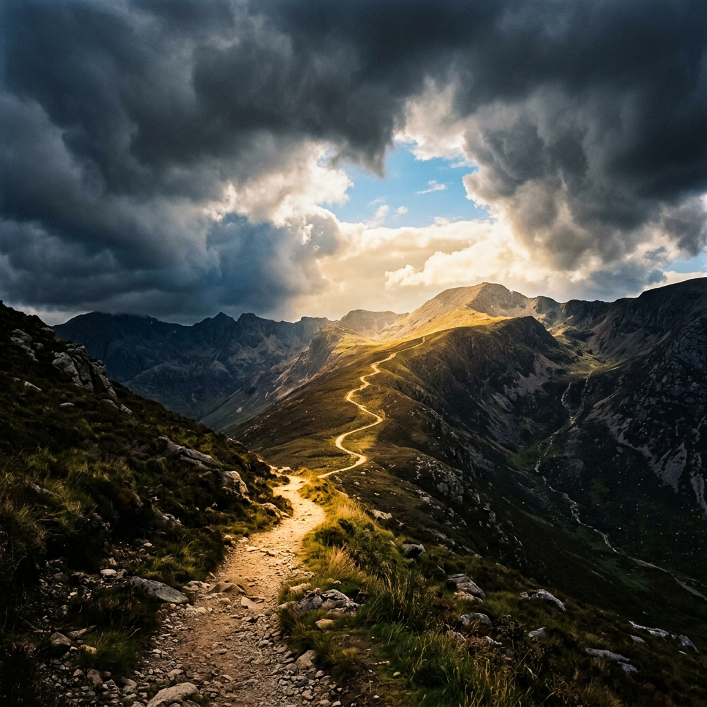 A winding mountain trail basking in sunlight with dark storm clouds overhead