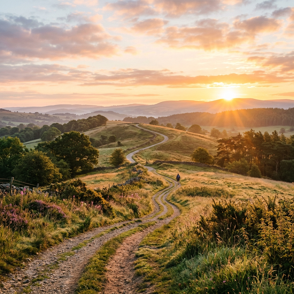 A person walking on a winding dirt path through grassy hills under a setting sun