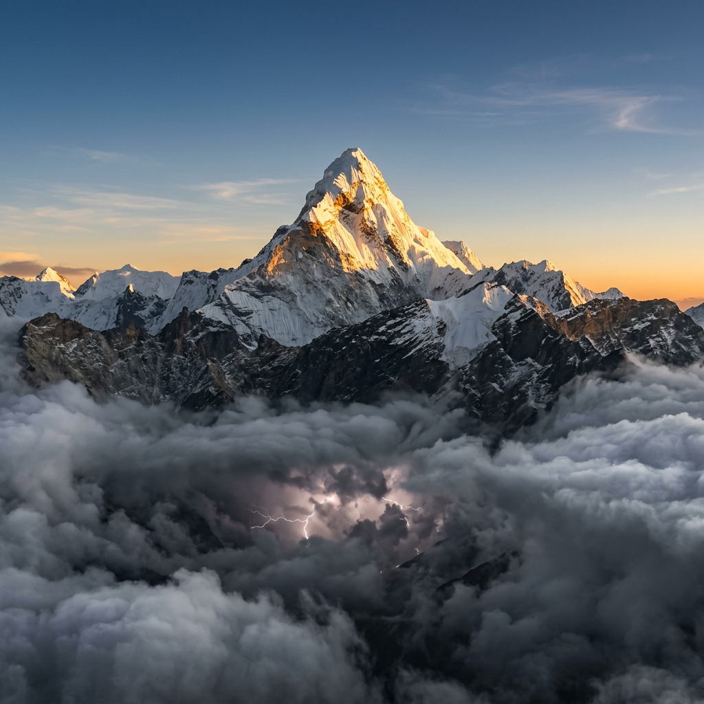 Snow-covered mountain peak lit by the sun above dark clouds with lightning